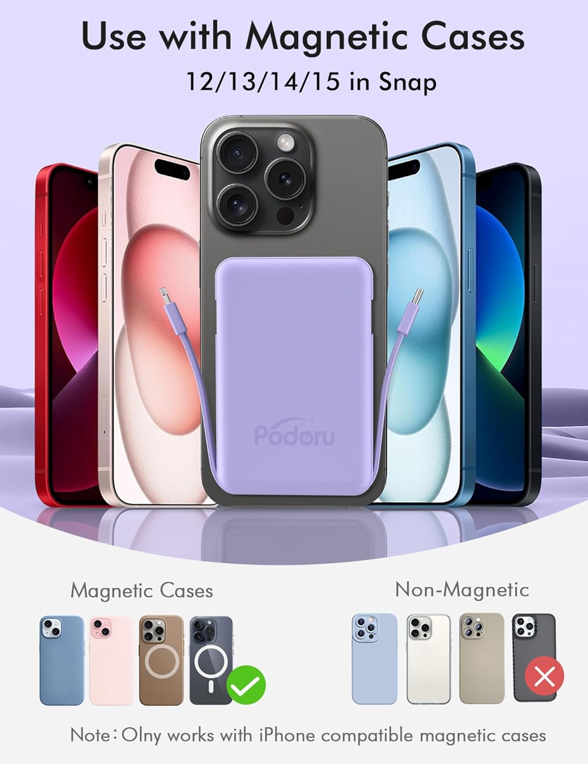 for Magsafe Battery Pack, 10000Mah Magnetic Power Bank Built-In USB-C Lighting Cables 22.5W PD Fast Charging LED Display Wireless Portable Charger for Iphone 16/15/14/13/12/Pro/Pro Max-Purple
