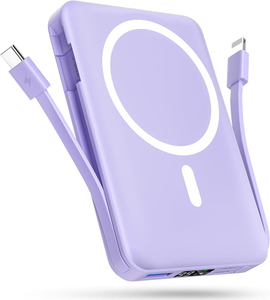 for Magsafe Battery Pack, 10000Mah Magnetic Power Bank Built-In USB-C Lighting Cables 22.5W PD Fast Charging LED Display Wireless Portable Charger for Iphone 16/15/14/13/12/Pro/Pro Max-Purple