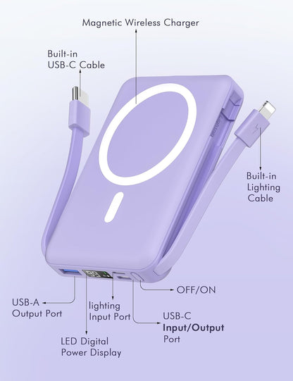 for Magsafe Battery Pack, 10000Mah Magnetic Power Bank Built-In USB-C Lighting Cables 22.5W PD Fast Charging LED Display Wireless Portable Charger for Iphone 16/15/14/13/12/Pro/Pro Max-Purple