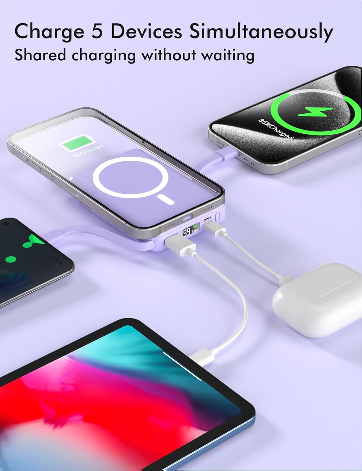 for Magsafe Battery Pack, 10000Mah Magnetic Power Bank Built-In USB-C Lighting Cables 22.5W PD Fast Charging LED Display Wireless Portable Charger for Iphone 16/15/14/13/12/Pro/Pro Max-Purple