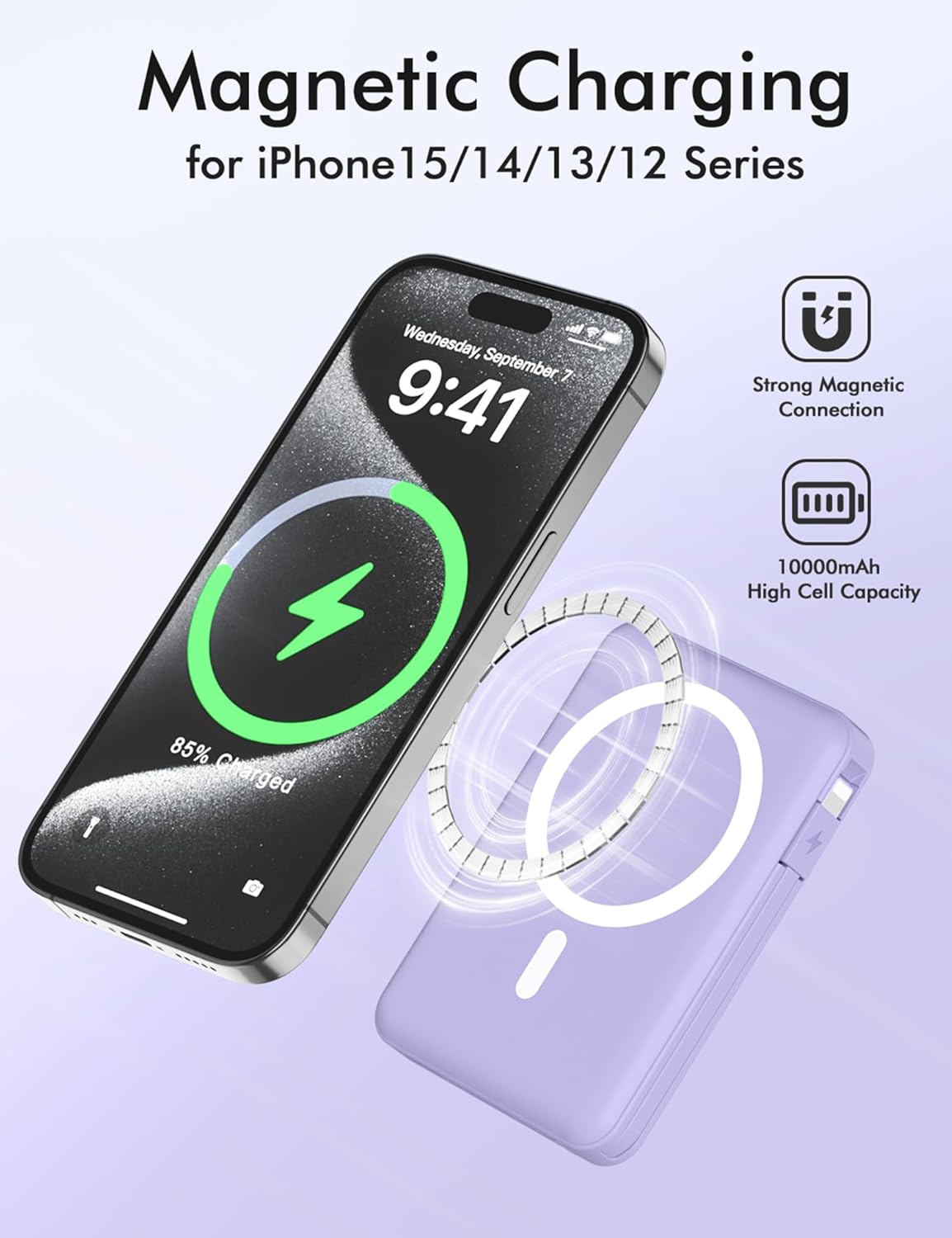 for Magsafe Battery Pack, 10000Mah Magnetic Power Bank Built-In USB-C Lighting Cables 22.5W PD Fast Charging LED Display Wireless Portable Charger for Iphone 16/15/14/13/12/Pro/Pro Max-Purple