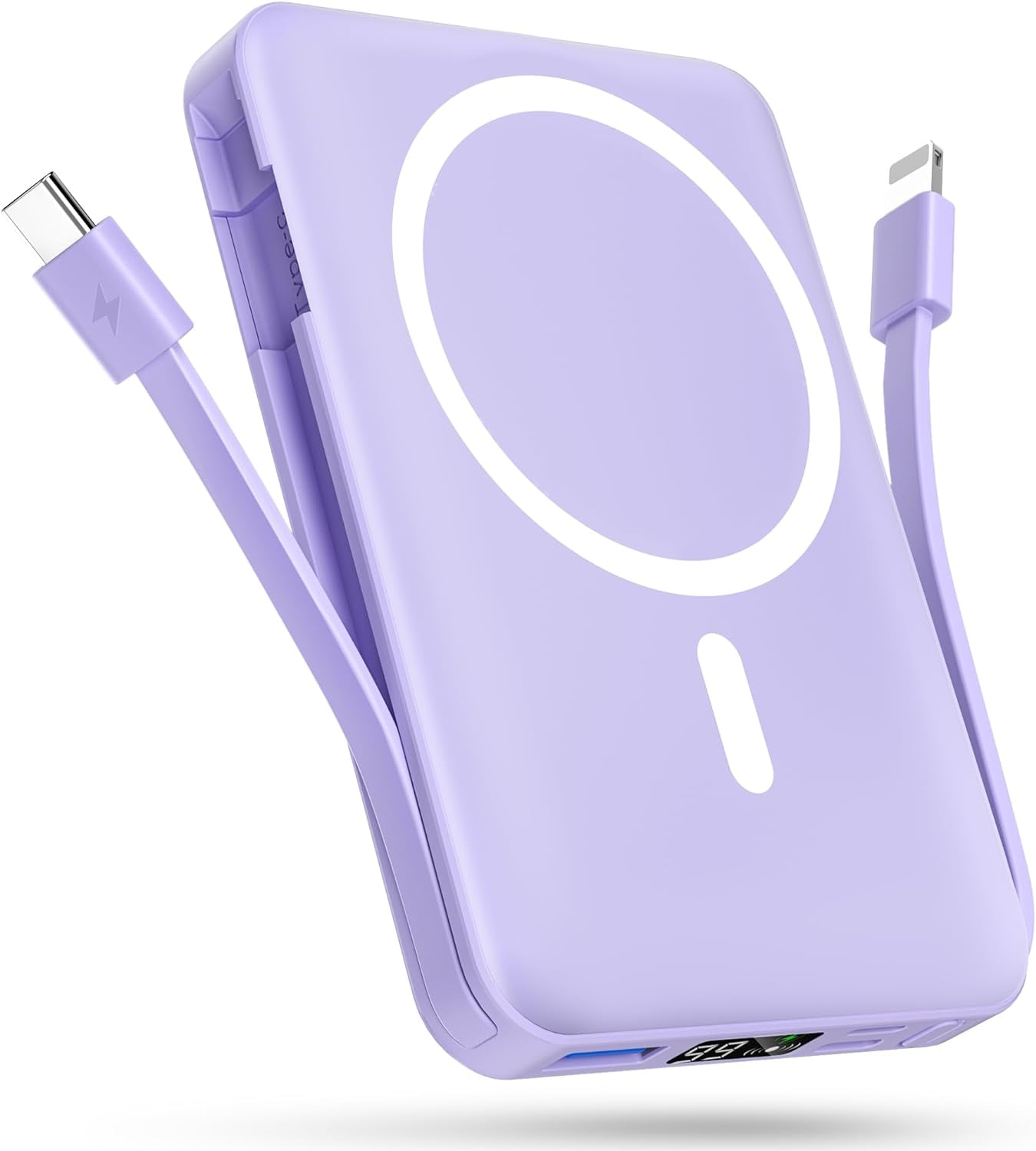 for Magsafe Battery Pack, 10000Mah Magnetic Power Bank Built-In USB-C Lighting Cables 22.5W PD Fast Charging LED Display Wireless Portable Charger for Iphone 16/15/14/13/12/Pro/Pro Max-Purple